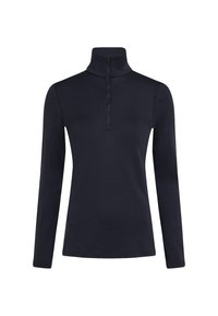 Pull-over à manches longues bleu marine foncé avec un col montant et une fermeture éclair quart de devant.