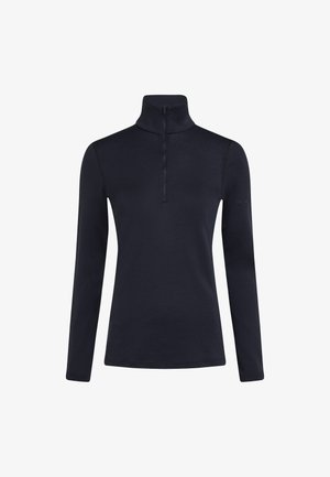 Pullover blu navy scuro a maniche lunghe con collo alto e chiusura frontale con mezza cerniera.