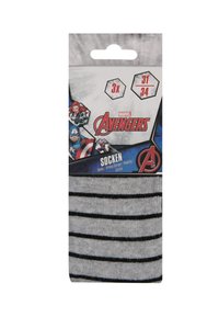 Calze grigie con strisce nere, con marchio Marvel Avengers. Il pacco include tre paia, etichettati come taglia 31/34. Realizzate in materiale morbido.