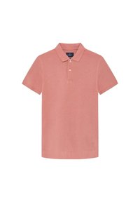 Polo tričko s krátkym rukávom vo svetlej koralovej farbe z bavlny, s golierom a zapínaním na tri gombíky. Jemná textúra so malým logom na leme.