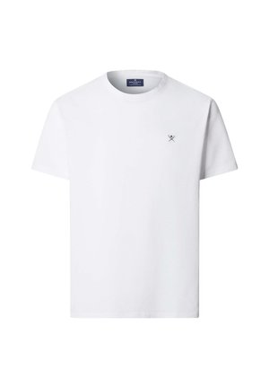 Witte katoenen t-shirt met een ronde hals en korte mouwen. Heeft een klein marineblauw logo aan de linkerkant van de borst. Glad textuur.