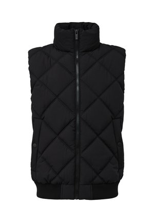 Schwarze, gesteppte ärmellose Weste mit hohem Kragen, Frontreißverschluss und Druckknopf-Taschen. Mit diagonaler Naht und geripptem Saum.