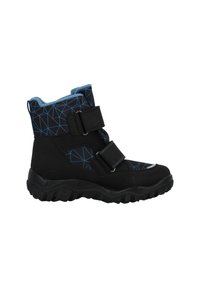 Schwarze und blaue Winterstiefel mit geometrischem Muster, zwei verstellbaren Klettverschlüssen und robustem Sohle für den Einsatz im Freien.