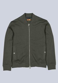 Dark green bomber jacket made of textured fabric, featuring a front zipper, two side pockets with snaps, and a ribbed collar and cuffs.