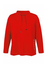 Red pullover sweatshirt with a high neckline, drawstring with black tips, long sleeves, and side graphic print detail. Soft texture.