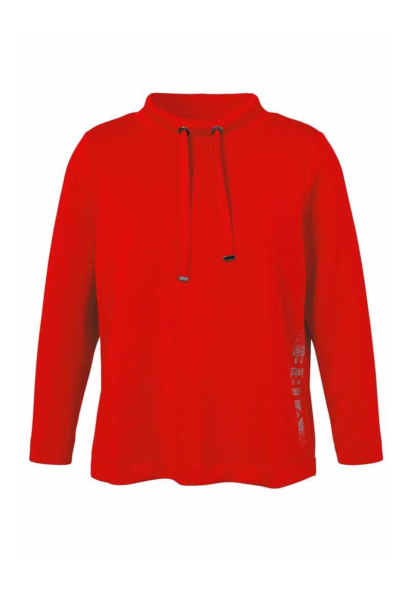 Red pullover sweatshirt with a high neckline, drawstring with black tips, long sleeves, and side graphic print detail. Soft texture.