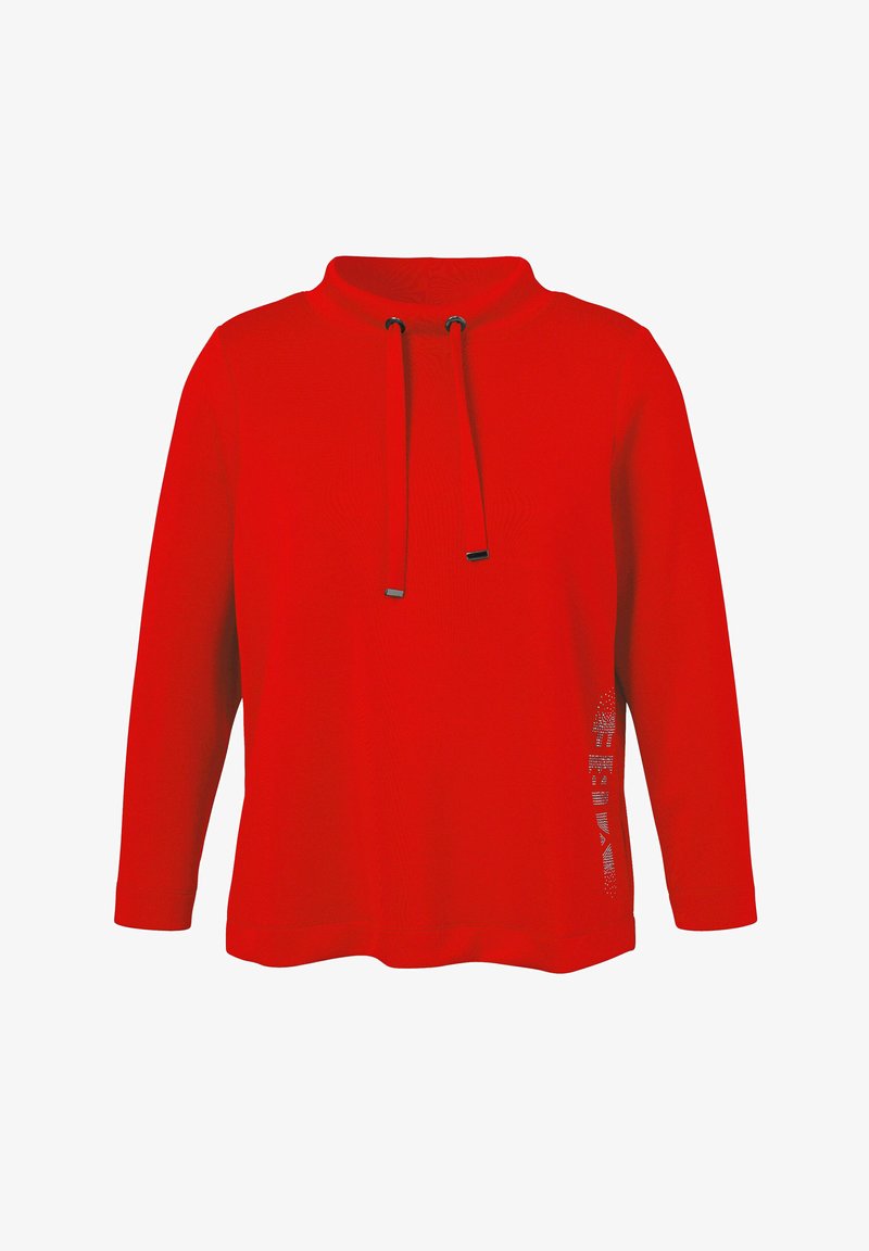 Roter Pullover mit hohem Kragen, Kordelzug mit schwarzen Spitzen, langen Ärmeln und grafischem Druckdetail an der Seite. Weicher Stoff.