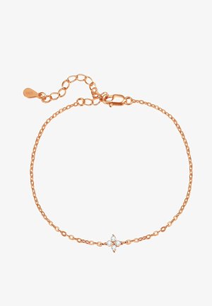 Bracelet en or rose avec une chaîne délicate, présentant un petit design floral orné de quatre pierres transparentes, et un fermoir à mousqueton.