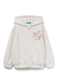 Felpa bianca con zip, dotata di cappuccio, polsini ed orlo elastici, con il testo ricamato in rosa "MY" e cuori sul davanti. Tessuto texture.