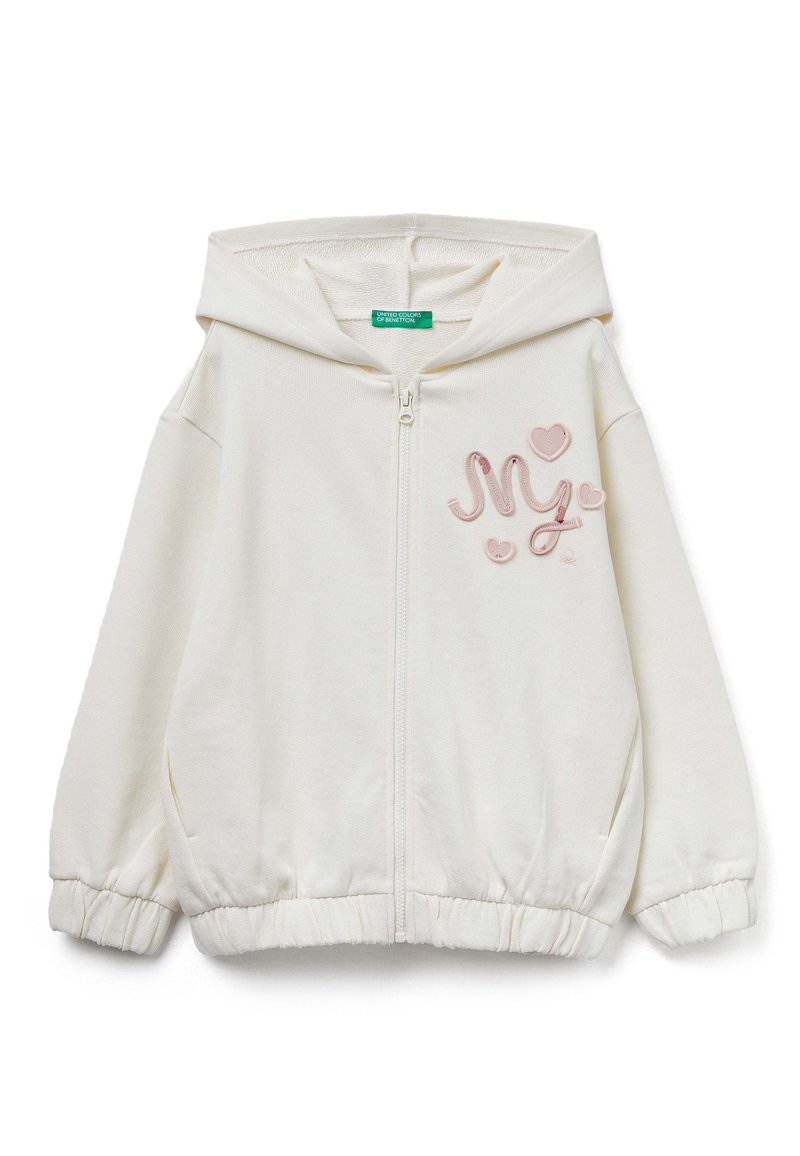 Felpa bianca con zip, dotata di cappuccio, polsini ed orlo elastici, con il testo ricamato in rosa "MY" e cuori sul davanti. Tessuto texture.