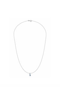Hõbedast kett-kaelakee, millel on tilga kujuline sinine vääriskivi ripats, sile pind ja lihtne kinnituse disain.