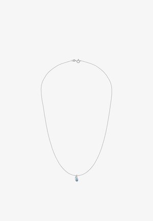 Hopeinen ketjukaulakoru, jossa on pisaranmuotoinen sininen jalokiviriipus, sileä pinta ja yksinkertainen lukko.
