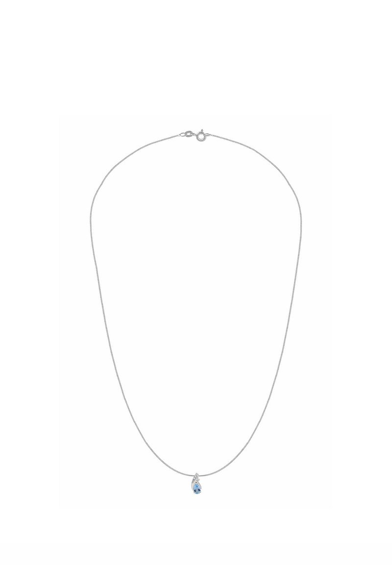 Hõbedast kett-kaelakee, millel on tilga kujuline sinine vääriskivi ripats, sile pind ja lihtne kinnituse disain.