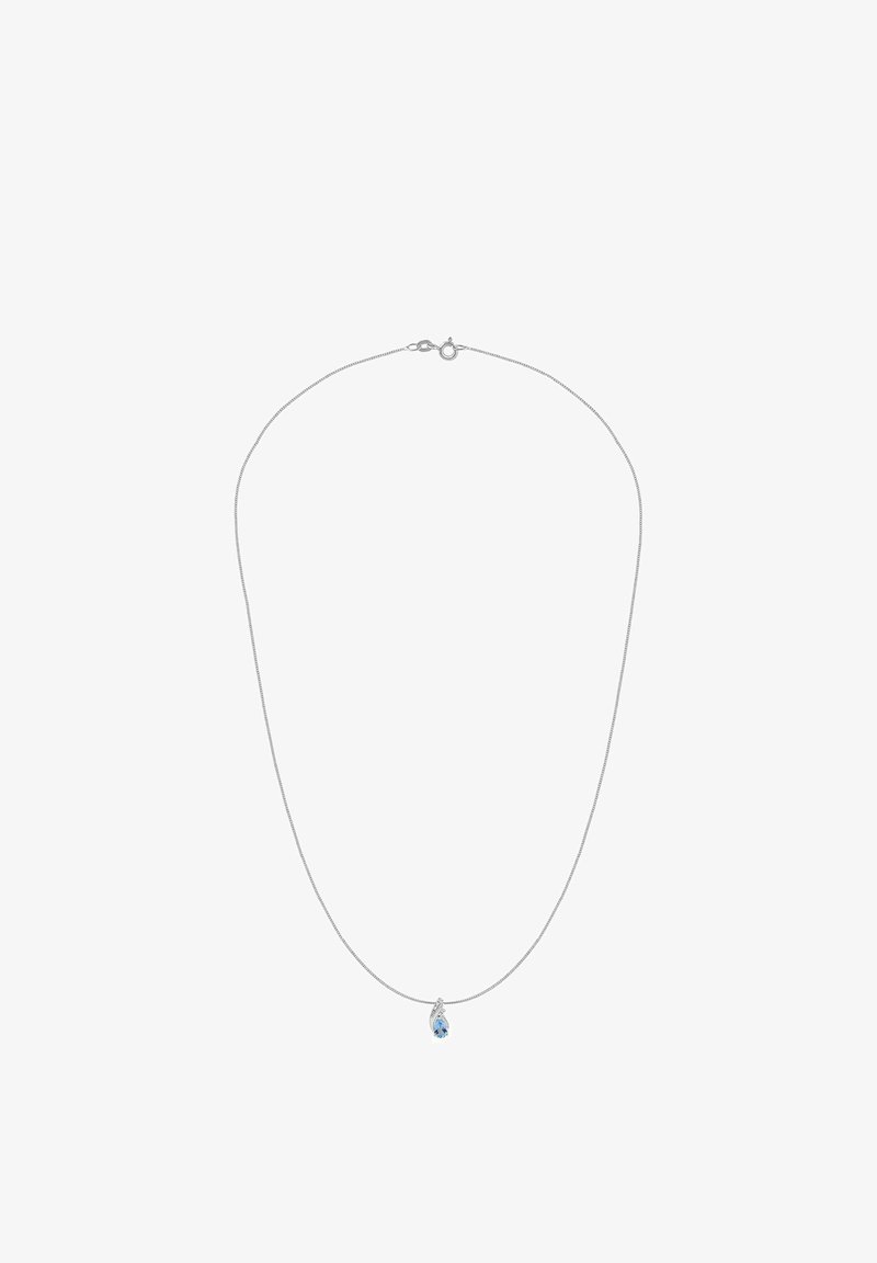 Hõbedast kett-kaelakee, millel on tilga kujuline sinine vääriskivi ripats, sile pind ja lihtne kinnituse disain.