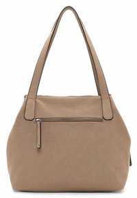 Beige perforated tote bag with two shoulder straps, a zippered pocket on the front, and contrasting black edge trim.