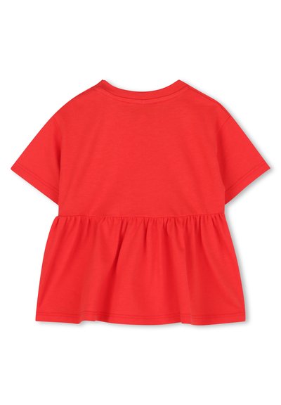 T-shirt rossa in cotone a maniche corte con design a orlo arricciato, che offre una vestibilità comoda, una texture liscia e un collo semplice.
