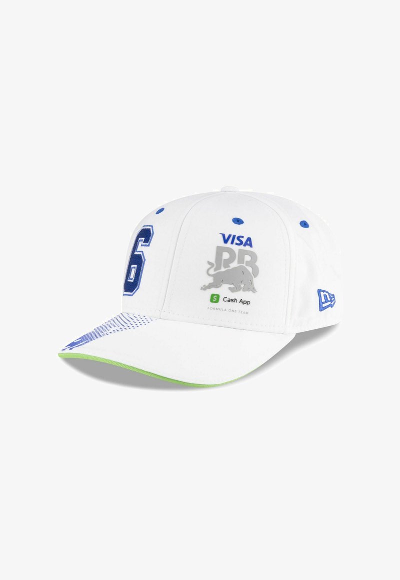 White baseball cap with blue accents, featuring a prominent blue number "6," logos for Visa and Cash App, and a green underbrim.