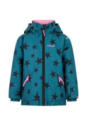 Türkisfarbene Winterjacke mit schwarzem Sternenmuster, pinkem Reißverschluss und Akzenten, Kapuze und zwei Seitentaschen. Entworfen für Wärme und den Einsatz im Freien.