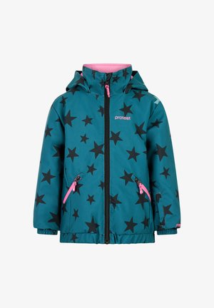 Tamsiai mėlynas žiemos drabužis su juodu žvaigždžių raštu, rožinis užtrauktukas ir akcentai, su gobtuvu ir dviem šoninėmis kišenėmis. Sukurtas šilumai ir lauko naudojimui.