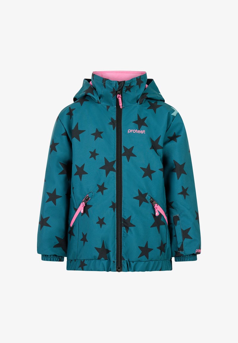 Türkisfarbene Winterjacke mit schwarzem Sternenmuster, pinkem Reißverschluss und Akzenten, Kapuze und zwei Seitentaschen. Entworfen für Wärme und den Einsatz im Freien.