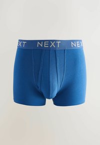 Boxers bleus à coupe ajustée, fabriqués à partir d'un matériau lisse. Équipés d'une ceinture contrastée avec "NEXT" imprimé en gris clair.