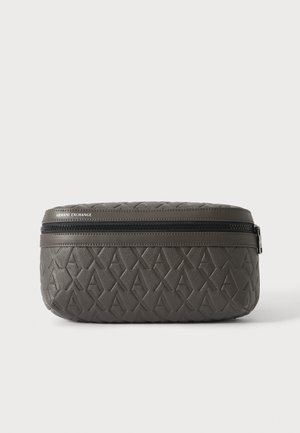 Small dark gray Armani Exchange quilted leather pouch with embossed AX pattern and a black zipper across the top front.