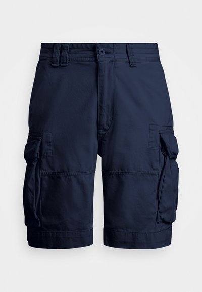 Navy blue cargo shorts made of lightweight fabric, featuring multiple side pockets, a button closure, and a straight hem.