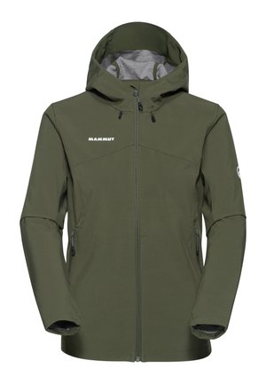 Olijfgroene outdoorjas met capuchon, volledige ritssluiting aan de voorkant, zijritszakken, elastische manchetten en een wit Mammut-logo op borst en mouw.