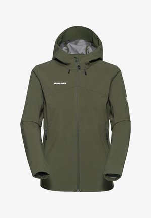 Giacca outdoor verde oliva con cappuccio, zip frontale integrale, tasche laterali con zip, polsini elastici e logo Mammut bianco sul petto e sulla manica.