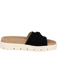 Zwarte suede slip-on sandaal met een knoopdesign en een beige gevoerd voetbed. Heeft een chunky witte rubberen zool met een textuurpatroon.