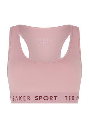 Rožinės spalvos sportinė liemenėlė su apvaliu iškirpimu ir lenktine nugarėle. Apačioje yra platus elastinis diržas su bordo spalvos užrašu „TED BAKER SPORT“.