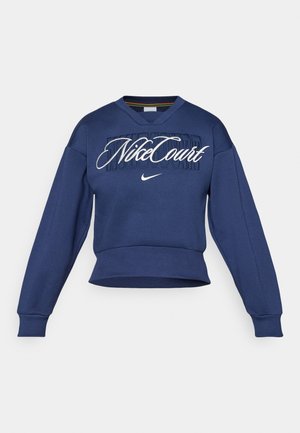 Felpa blu navy con orlo e polsini a coste, con il logo "NikeCourt" in bianco sul davanti, design a scollo a V.