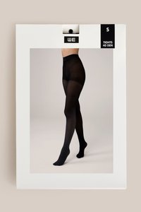 Schwarze 40 denier Strumpfhosen in Verpackung präsentiert. Die Strumpfhosen haben ein zartes Finish, einen hohen Bund und eine glatte Textur. Größe S angegeben.