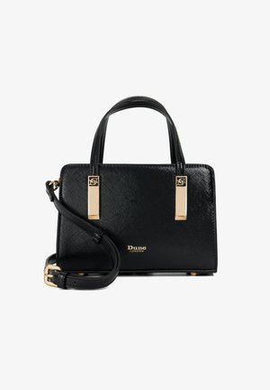 Sac à main structuré noir en matériau synthétique texturé, avec des accessoires en métal doré, deux poignées courtes et une bandoulière amovible.