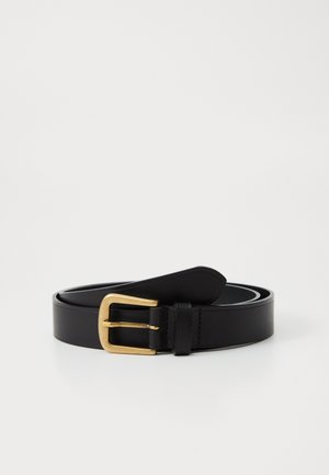 Black leather belt with a gold metal buckle. The design is smooth and flat, featuring a classic shape and a single prong buckle closure.