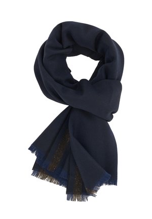 Écharpe tissée bleu foncé avec des bords effilochés, pliée lâchement sur fond blanc.