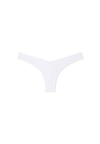 Tanga bianco senza cuciture realizzato in tessuto elastico. Presenta una parte anteriore a forma di V e una copertura minimal sul dietro. Texture liscia senza motivi.