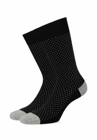 Czarne skarpetki w wzór w kropki, z jasnoszarymi akcentami na palcach i piętach. Wykonane z teksturowanego, elastycznego materiału dla komfortu.
