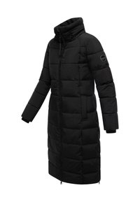 Abrigo de invierno negro acolchado con cuello alto, mangas largas y cierre delantero con cremallera; textura suave con un patrón acolchado y bolsillos laterales.