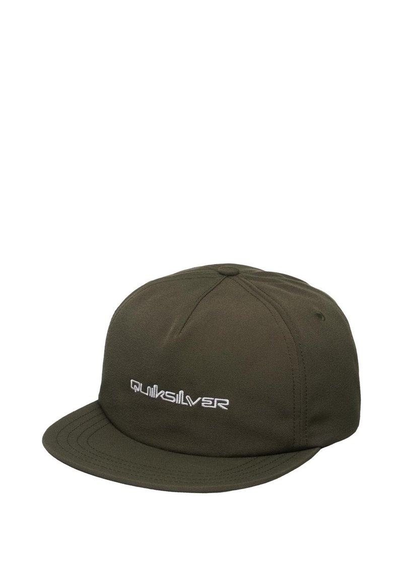 Musta vihreä litteä lippalakki, jossa on kuusi paneelia ja valkoinen brodeerattu "Quiksilver" -logo etupuolella keskellä.