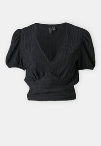 Blusa nera a maniche corte con scollo a V, caratterizzata da un tessuto testurizzato, maniche arricciate e un design con vita arricciata.