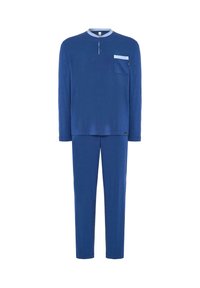 Top de manga larga azul con un cuello y un bolsillo azul claro, combinado con pantalones a juego. El tejido parece suave y liso con un ajuste relajado.