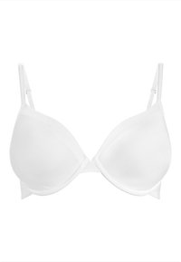 Witte bh met gladde, gevormde cups en verstelbare bandjes. Heeft een naadloos ontwerp en minimale hardware voor een strakke uitstraling.