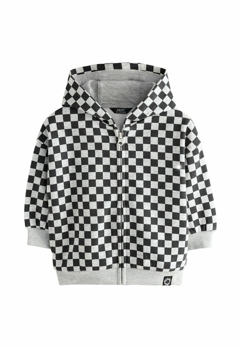 Svart och grå rutig zip-up hoodie med huva samt ribbade ärmslut och nederkant, designad för ett barn.