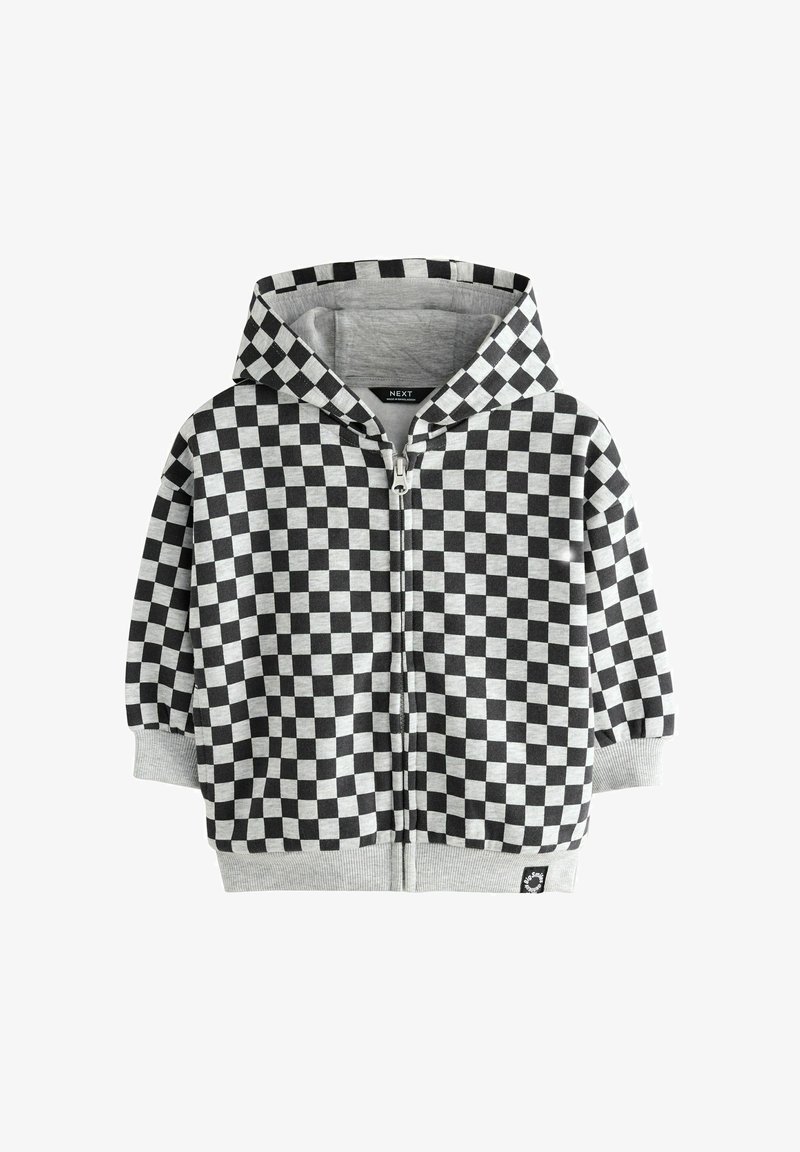 Zwart-grijze geruite zip-up hoodie met een capuchon en geribbelde manchetten en onderrand, ontworpen voor een kind.