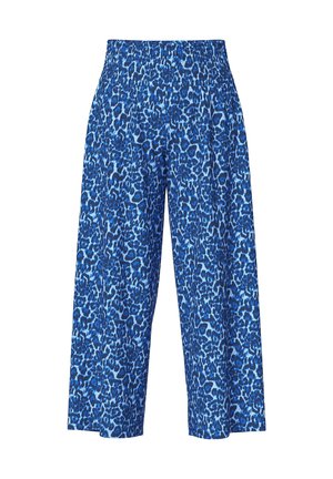 Pantalones de pierna ancha con cintura alta elástica y estampado azul de leopardo en tela ligera.