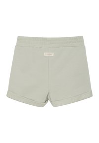 Ljust gröna bomullsshorts med elastisk midja, vikt fåll och en liten logotagg bak. Slät textur och avslappnad design.