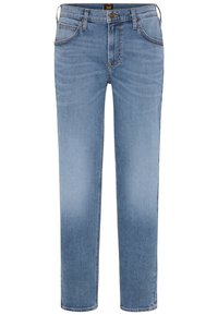 Vaaleansiniset farkut suoralla lahkeen leikkauksella, viisi taskua, tikkausdetaileja ja vetoketjullinen etuosa. Vyötäröllä merkitty vyötärösiltilappu.