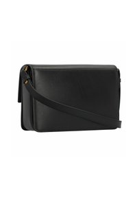 Black leather crossbody bag with a rectangular shape, smooth texture, and adjustable strap. Features minimalistic design and no visible hardware.
