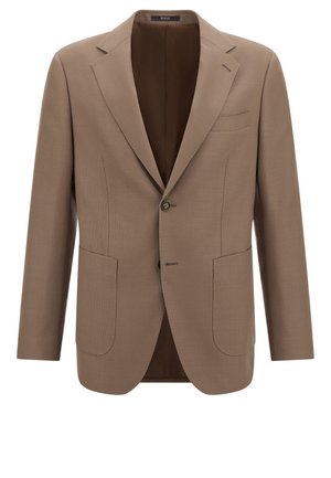 Blazer marrón texturizado con solapas de pico, dos bolsillos frontales tipo parche, cierre de un botón y forro interior marrón.